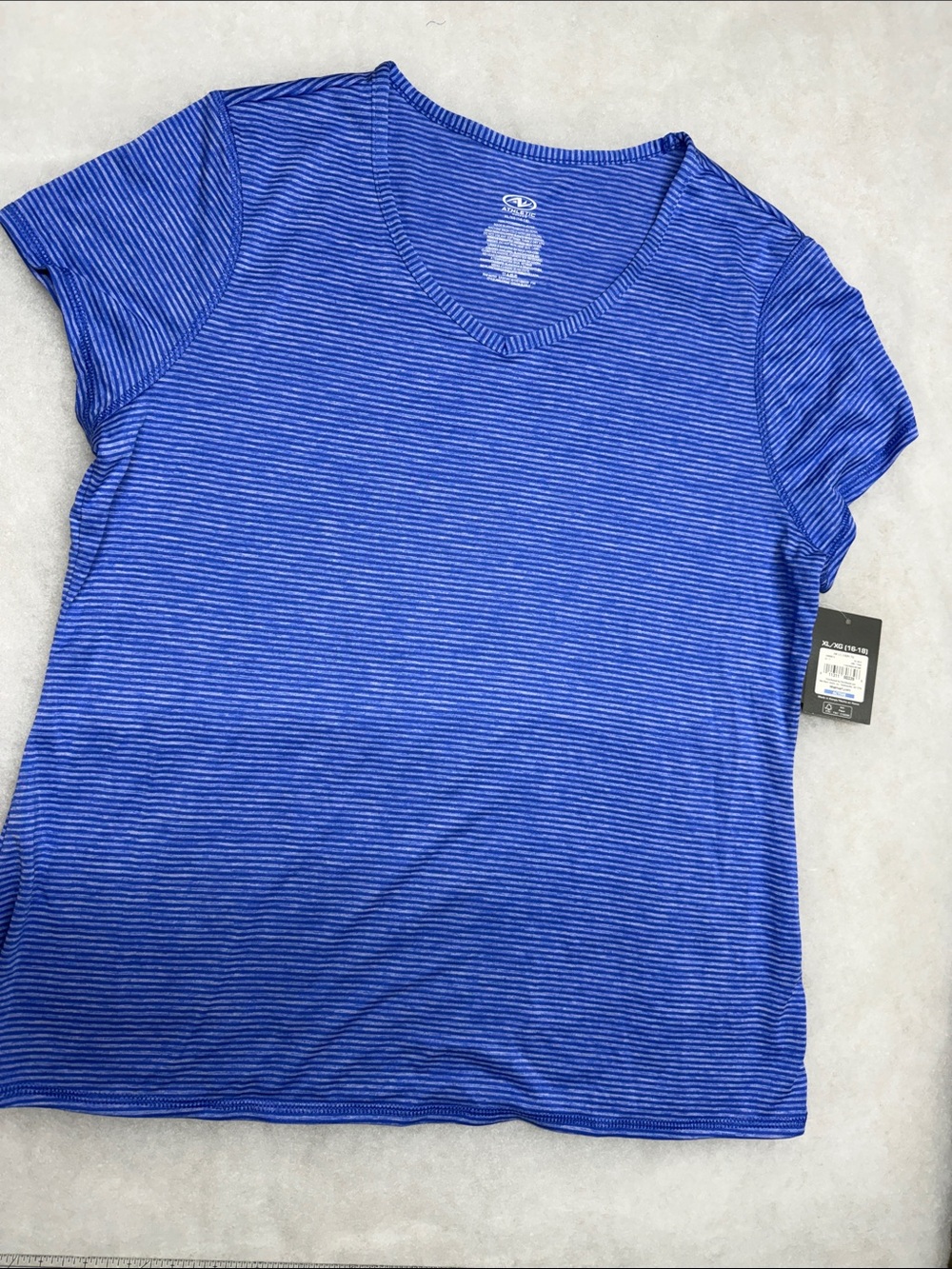 Athletic Works Blue + White Striped V-Neck Short Sleeve Tee